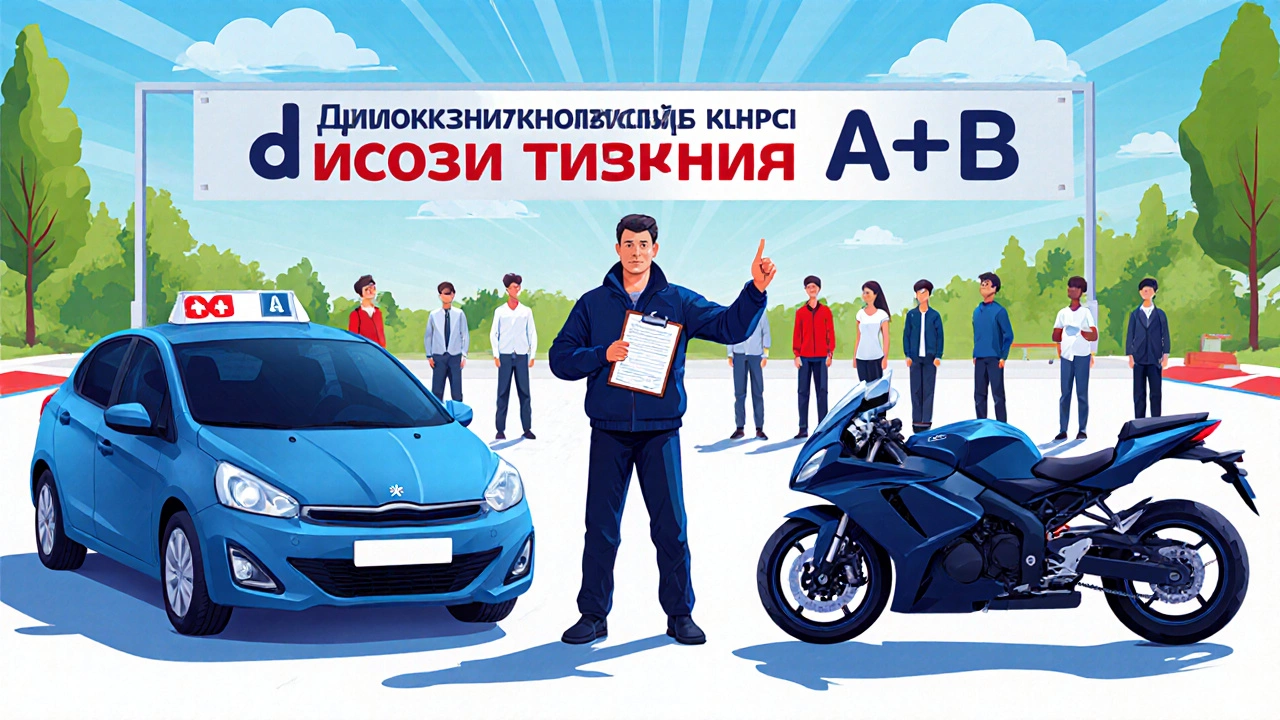 Инструктор показывает ученикам одновременно автомобиль и мотоцикл в автошколе.