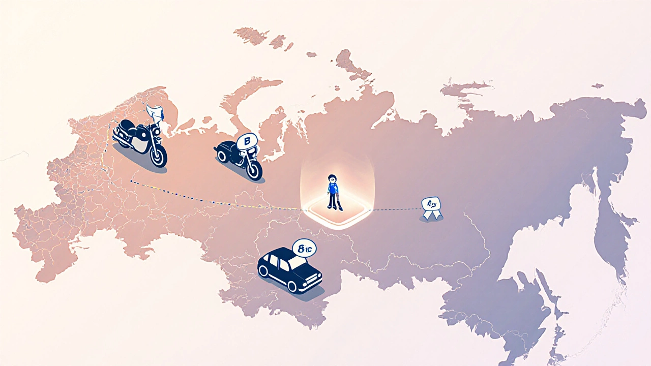 Изометрическая карта России с цветовой градацией цен и иконками категорий A‑E.