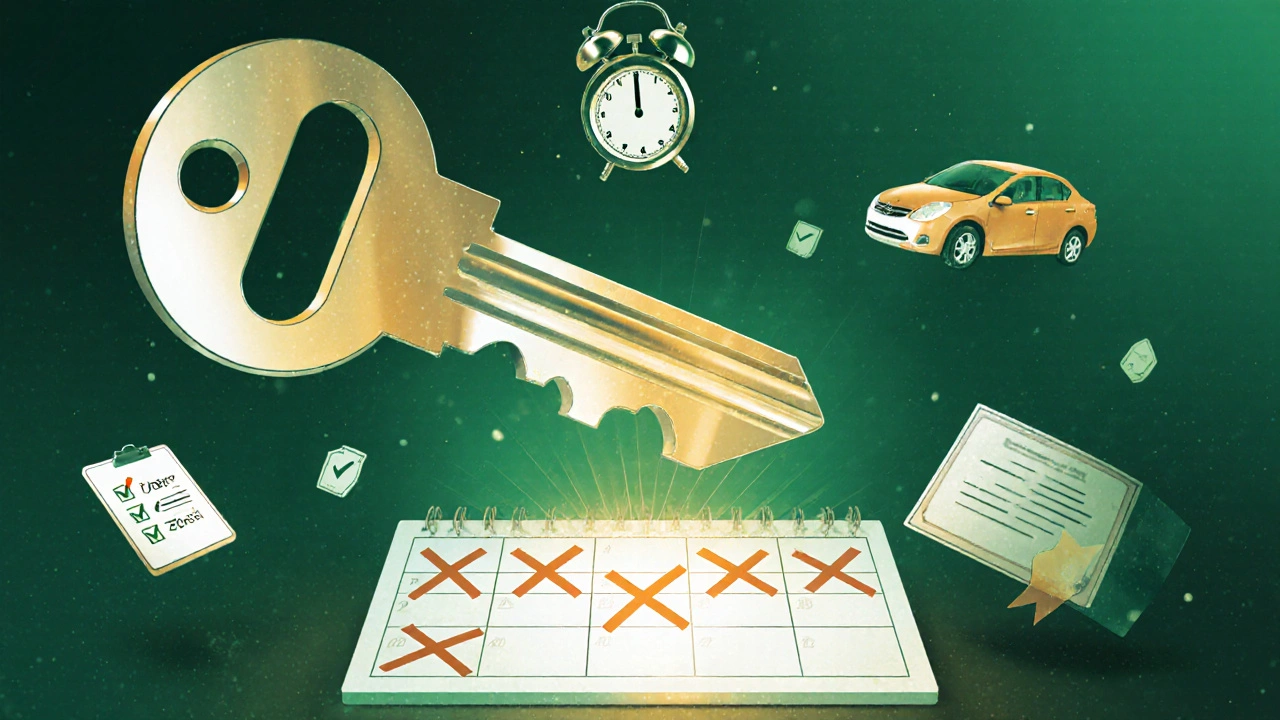 Ключ из дорожных знаков над календарем с пропущенными датами и светящейся пятой.