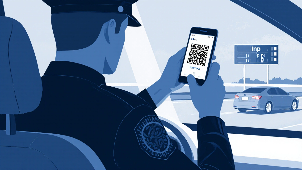 Полицейский сканирует QR‑код на телефоне водителя у дорожного поста.