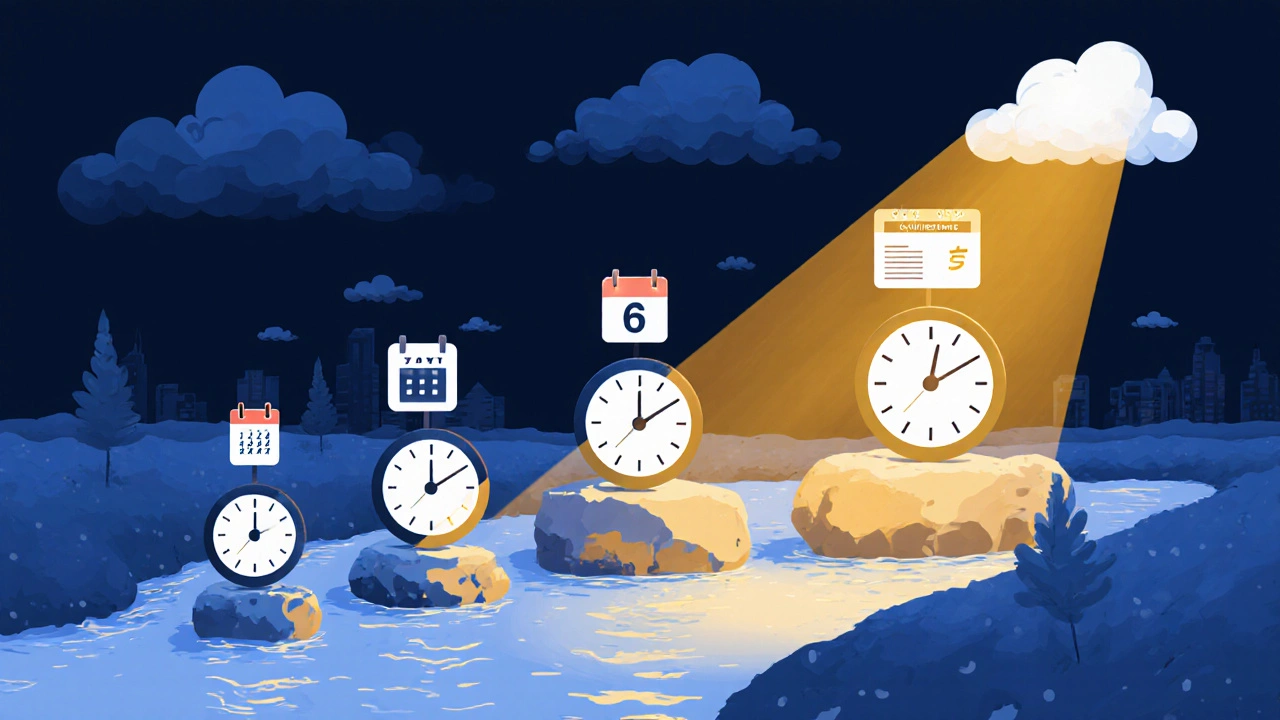 Визуальная линия успеха: шесть попыток сдачи экзамена по вождению, разделенные 7-дневными интервалами, ведущая к водительскому удостоверению.