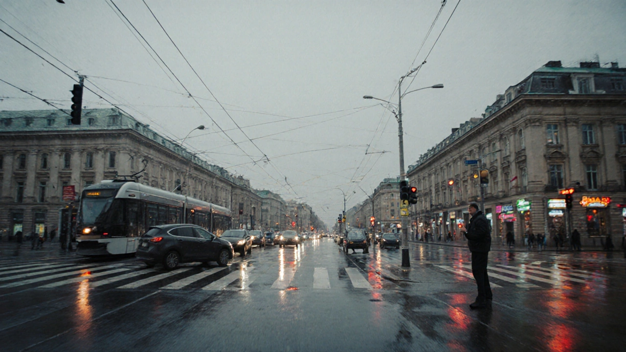 Автомобиль на перекрестке в Санкт-Петербурге во время экзамена по вождению, пешеходный переход и трамвай.