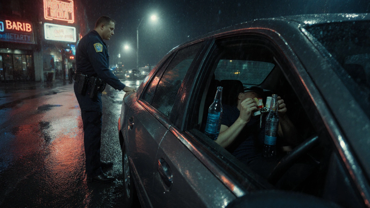 Инспектор смотрит в окно припаркованной машины, где пассажир в состоянии опьянения держит напиток, ключи в замке зажигания.