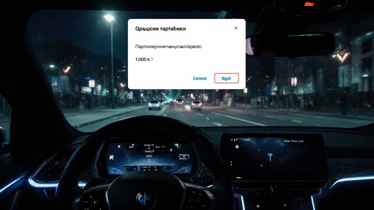 Интерьер современного автомобиля с уведомлением о штрафе на цифровой панели.