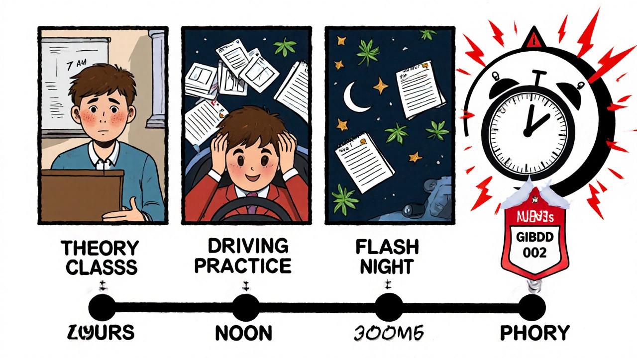 Комикс-стиль: интенсивный график обучения водителю за месяц — теория, практика, бессонные ночи, спешащий календарь.