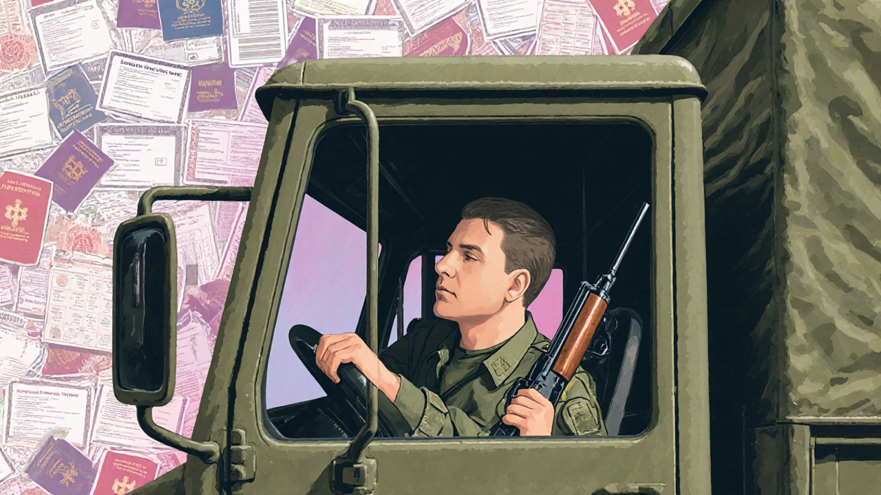 Отражение солдата-водителя в зеркале: два образа — гражданский и военный, вокруг — пути избежания призыва.