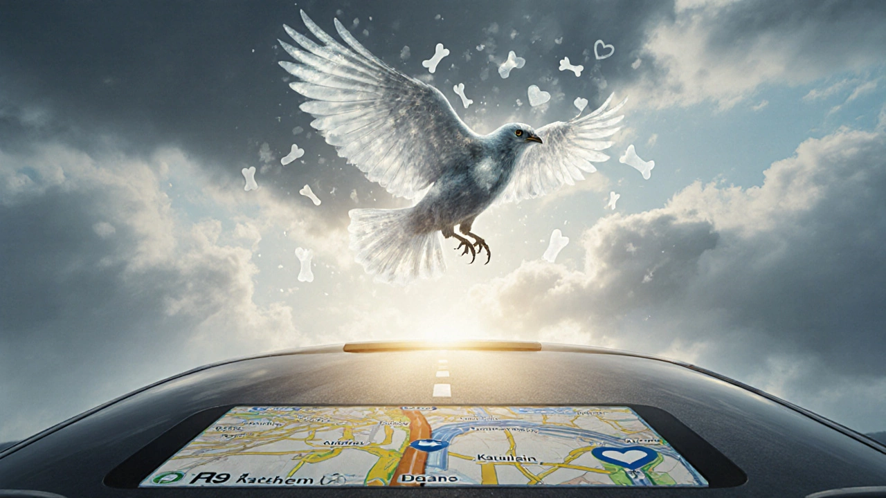 Прозрачная птица над машиной, суеверия рассеиваются, появляются дорожные знаки.