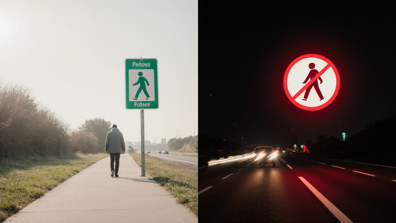 Разделённый путь: безопасный тротуар слева и мрачная автострада справа с символическим запрещающим знаком.