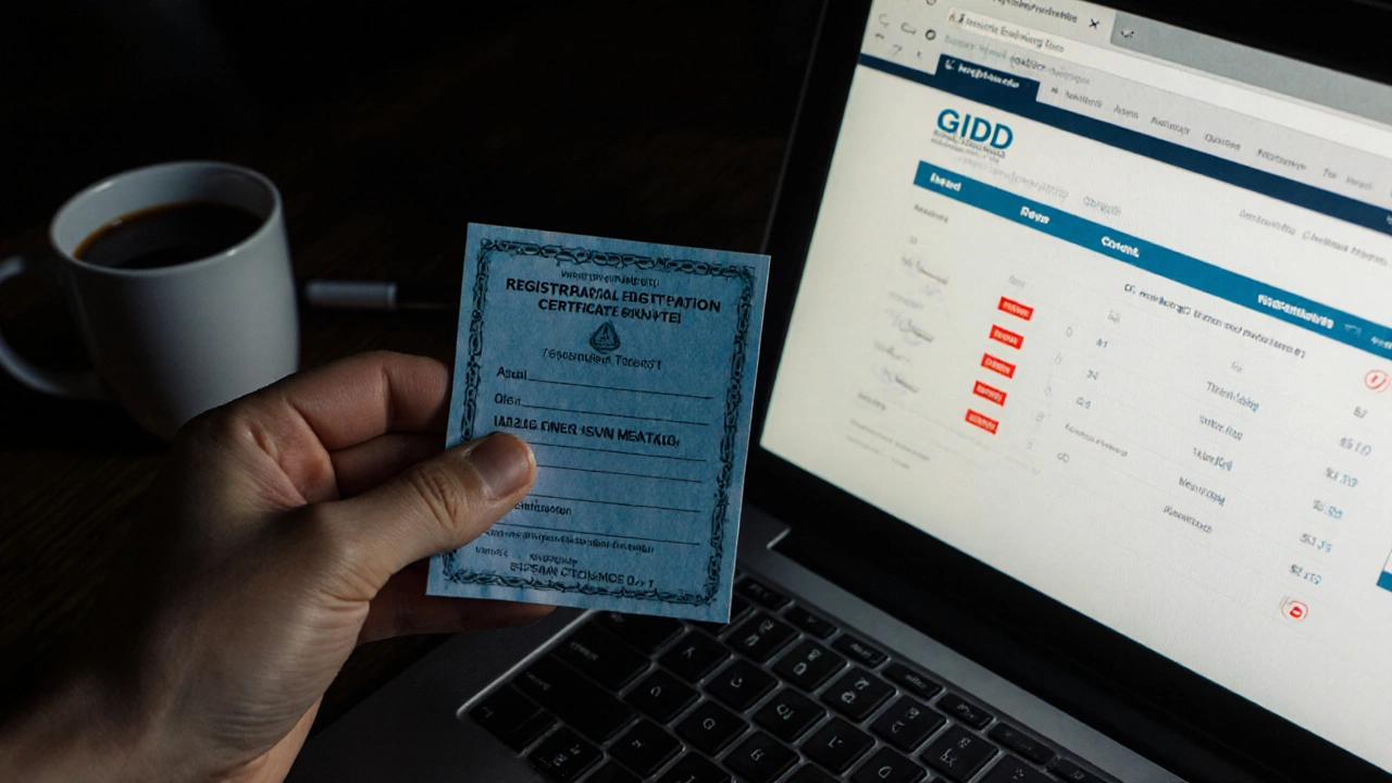 Рука держит СТС рядом с экраном сайта ГИБДД, где видны неоплаченные штрафы.