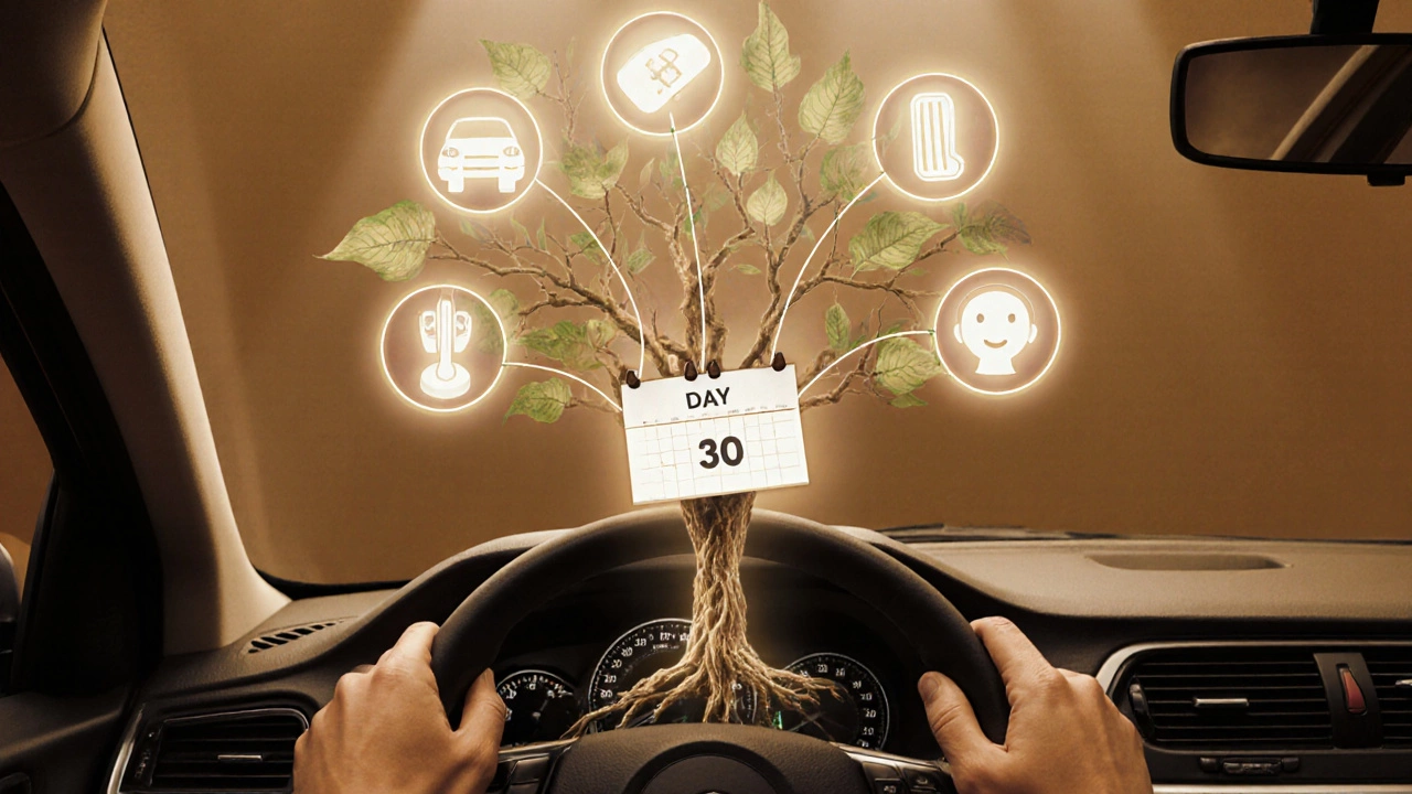 Руки за рулём с символическими элементами вождения, растущими в дерево от дня 10 к дню 30.