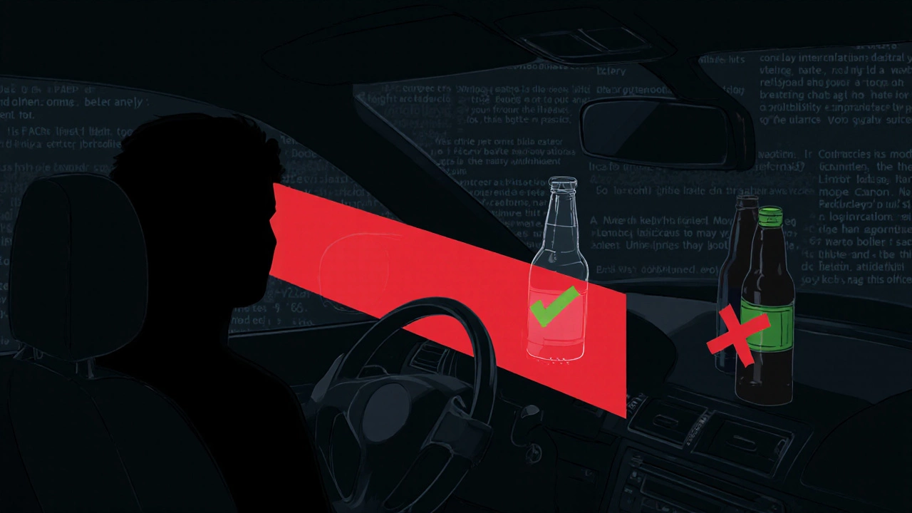 Силуэт человека в машине: рядом с водительским местом — две бутылки, одна помечена зелёной галочкой, другая — красным крестом.