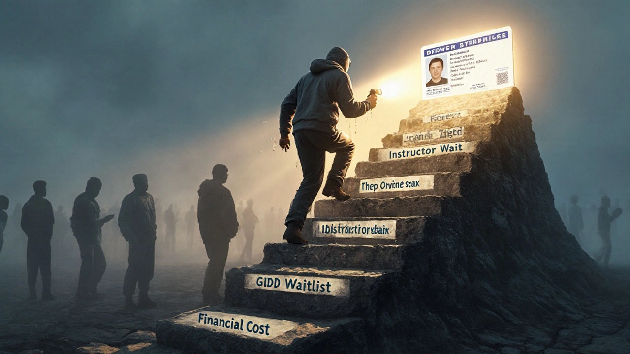 Символический путь к водительским правам: шаги через стресс, сон и деньги, один человек поднимается к свету прав.