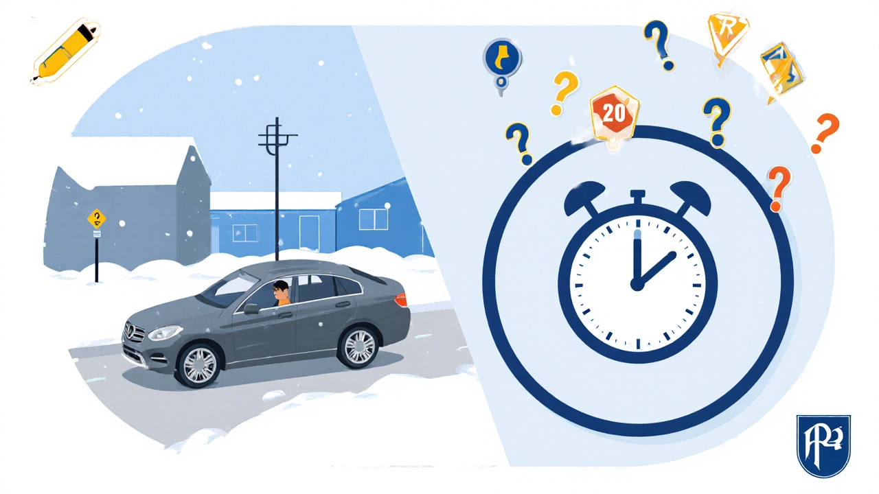 Символическое изображение экзамена по вождению: часы с практической и теоретической частями, дорожные знаки.