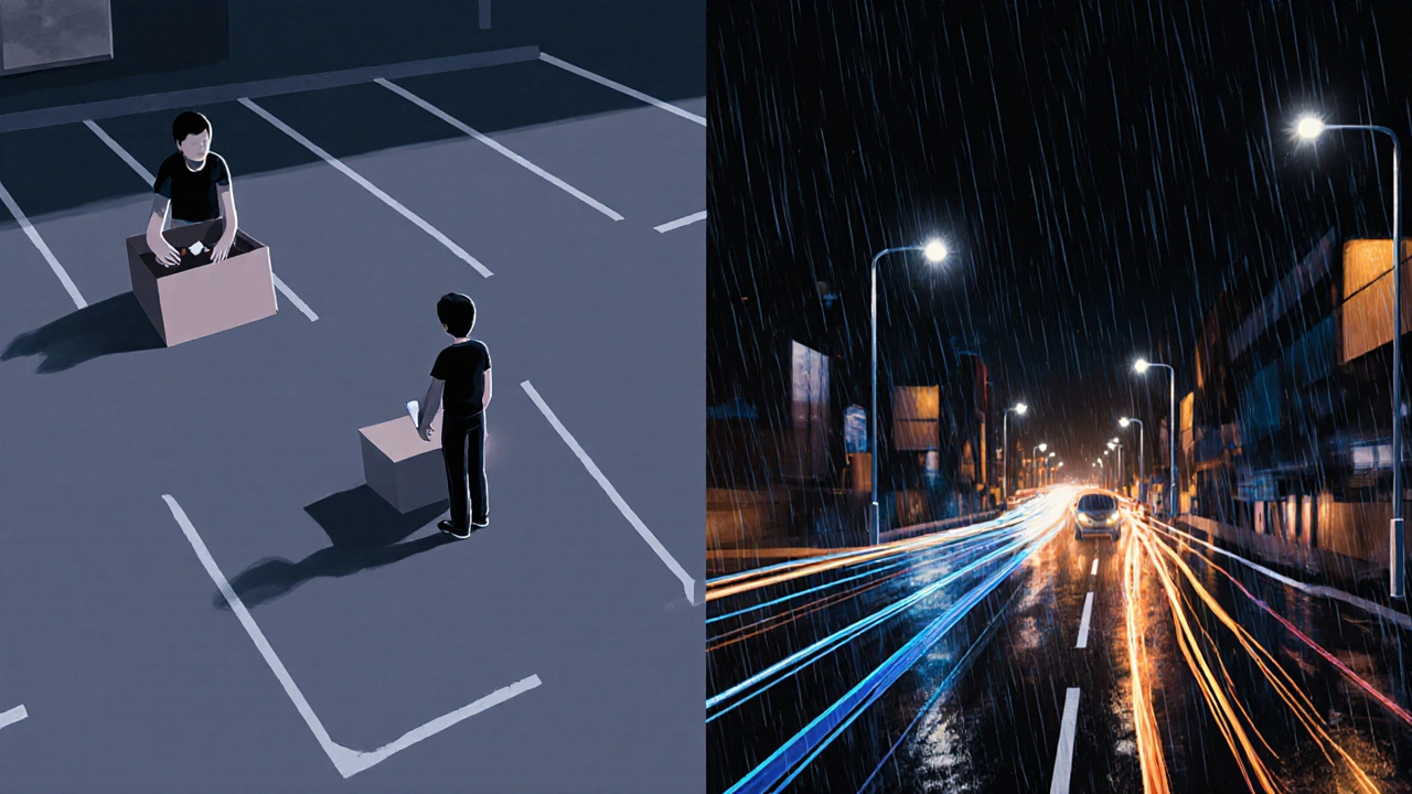 Сравнение: новичок на пустой парковке и уверенный водитель в дождливом городе с визуализацией интуиции.