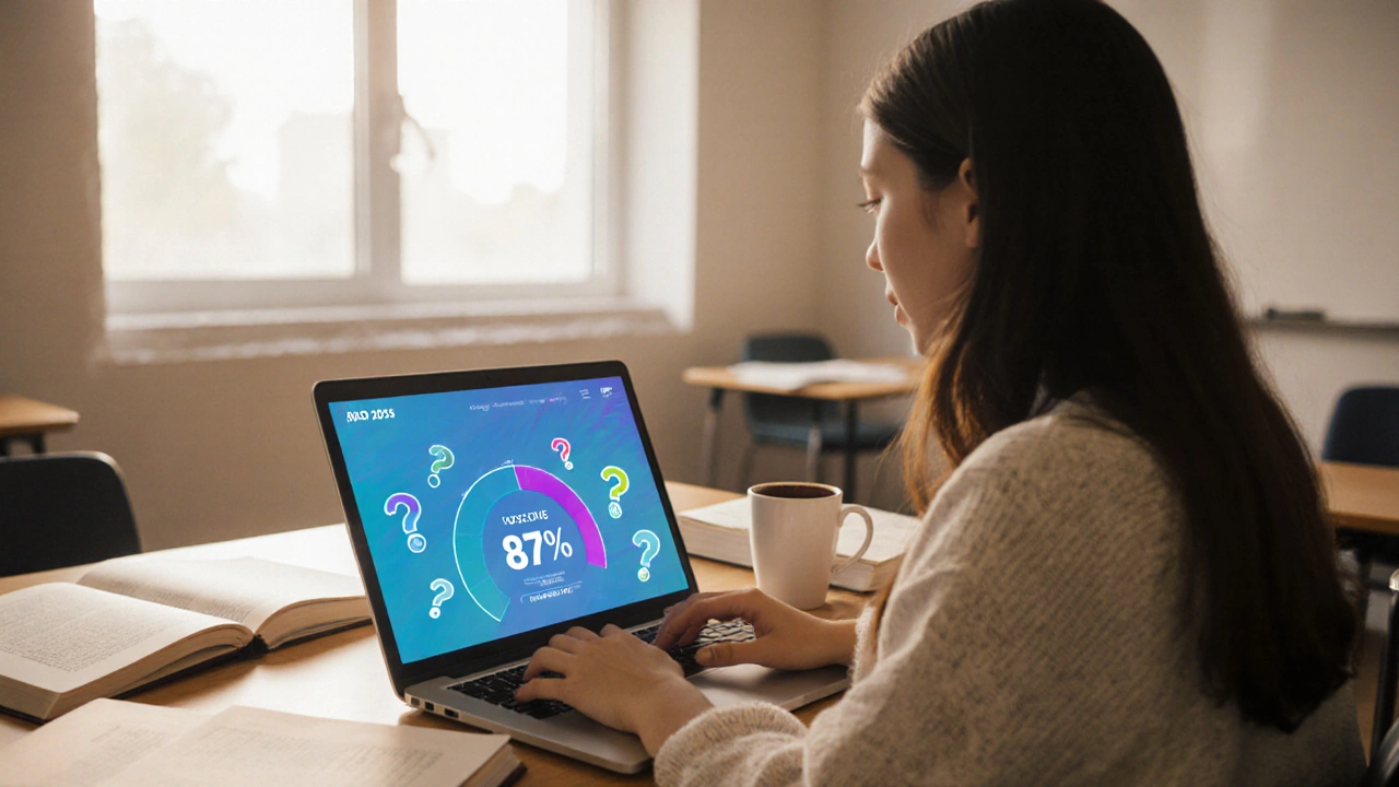 Студент учится к теории на ноутбуке с приложением ПДД 2025, вокруг учебники и кофе.