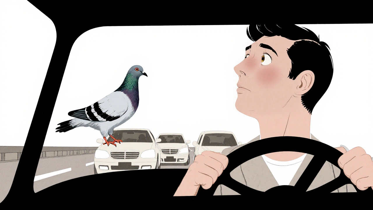 Водитель смотрит на голубя на лобовом стекле, остальные машины едут позади.
