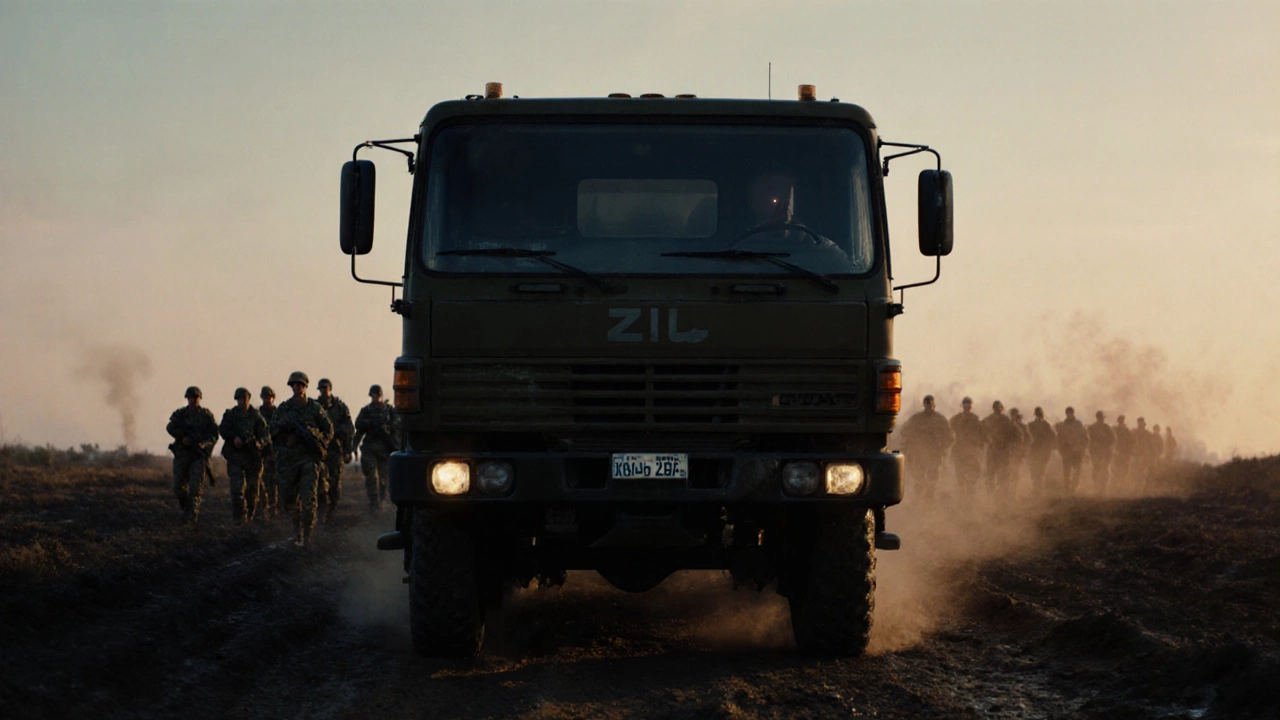 Военный грузовик ведет колонну солдат по грязному полю на закате.