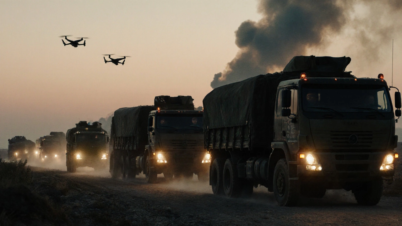 Военный конвой на передовой, водители с правами категории В везут грузы под угрозой обстрела.