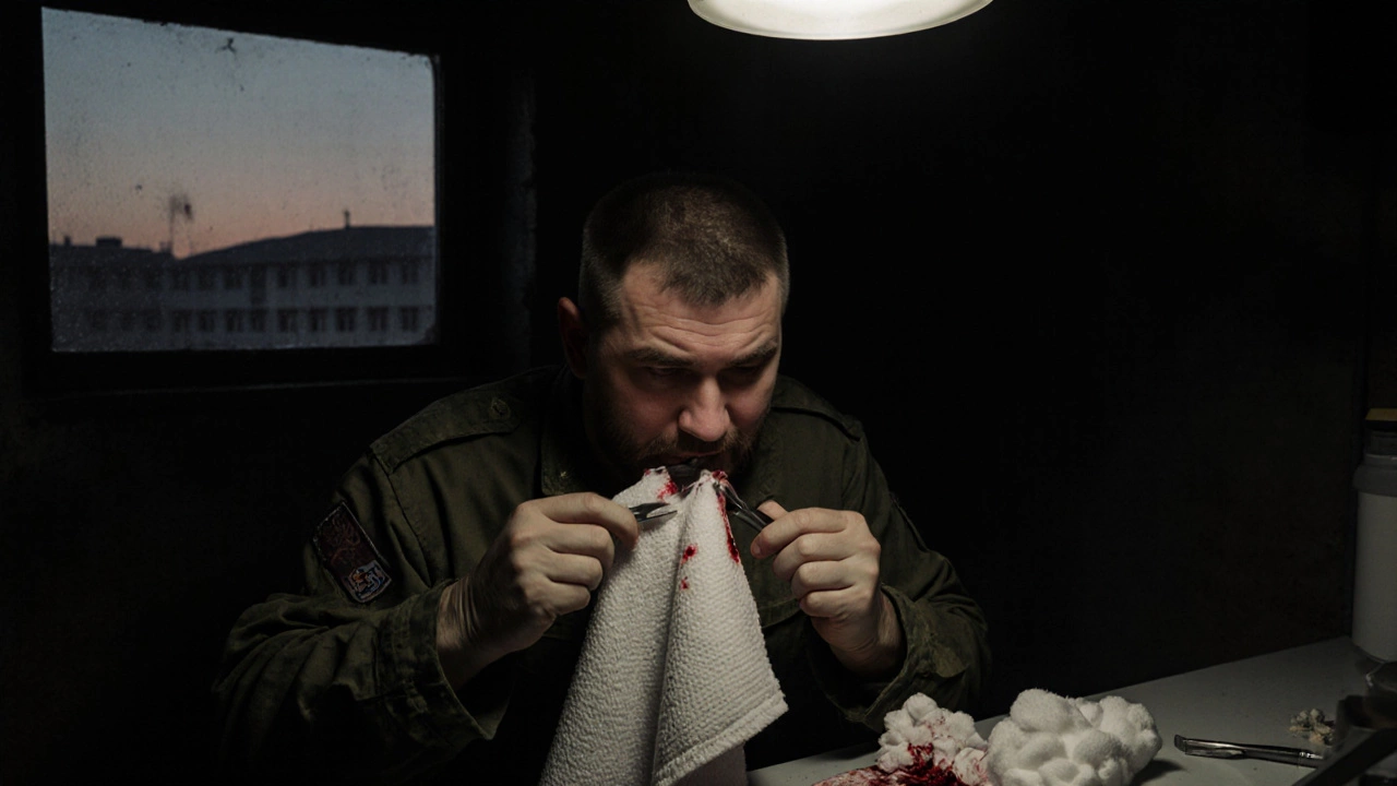 Военный стоматолог вырывает больной зуб в полевых условиях, солдат держит полотенце во рту.