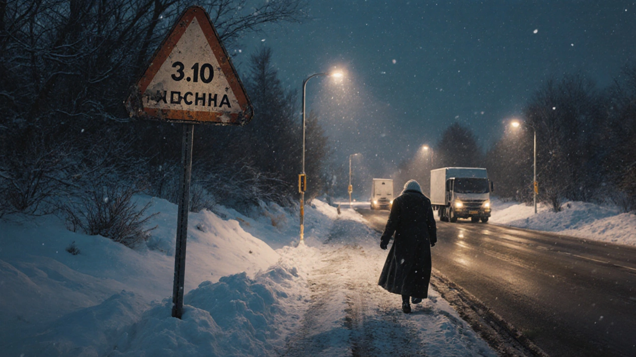 Знак 3.10, скрытый снегом, на зимней дороге, женщина шагает на проезжую часть, вдалеке грузовик.