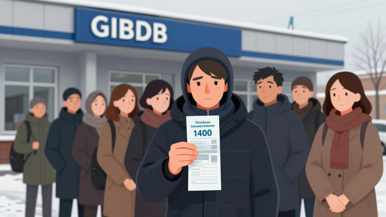 Человек в очереди у здания ГИБДД в Санкт-Петербурге с квитанцией оплаты.