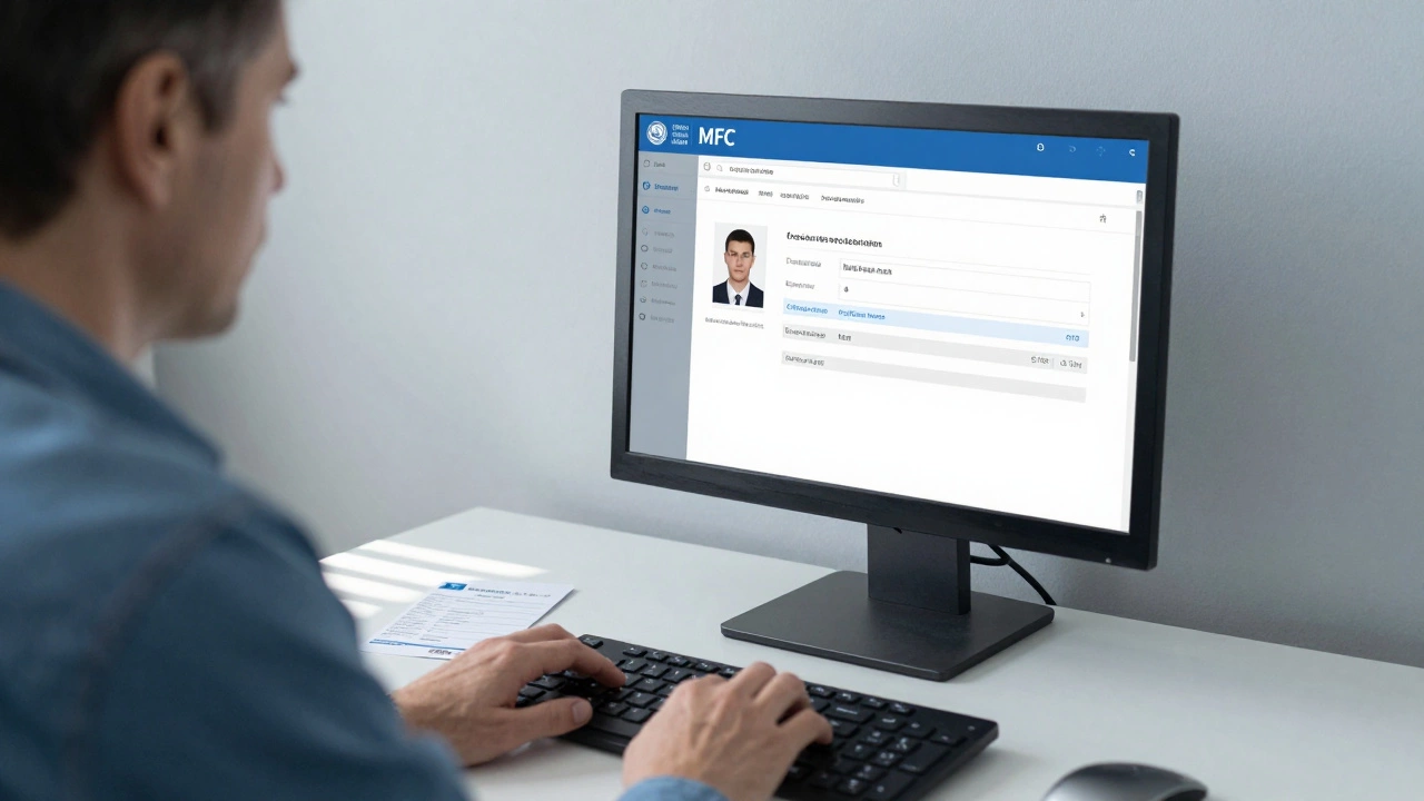 Человек заполняет онлайн-заявление на восстановление прав в МФЦ.