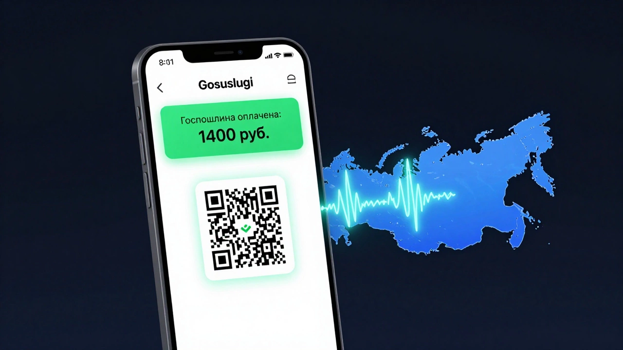 Экран телефона с подтверждением оплаты госпошлины через Госуслуги и картой России.