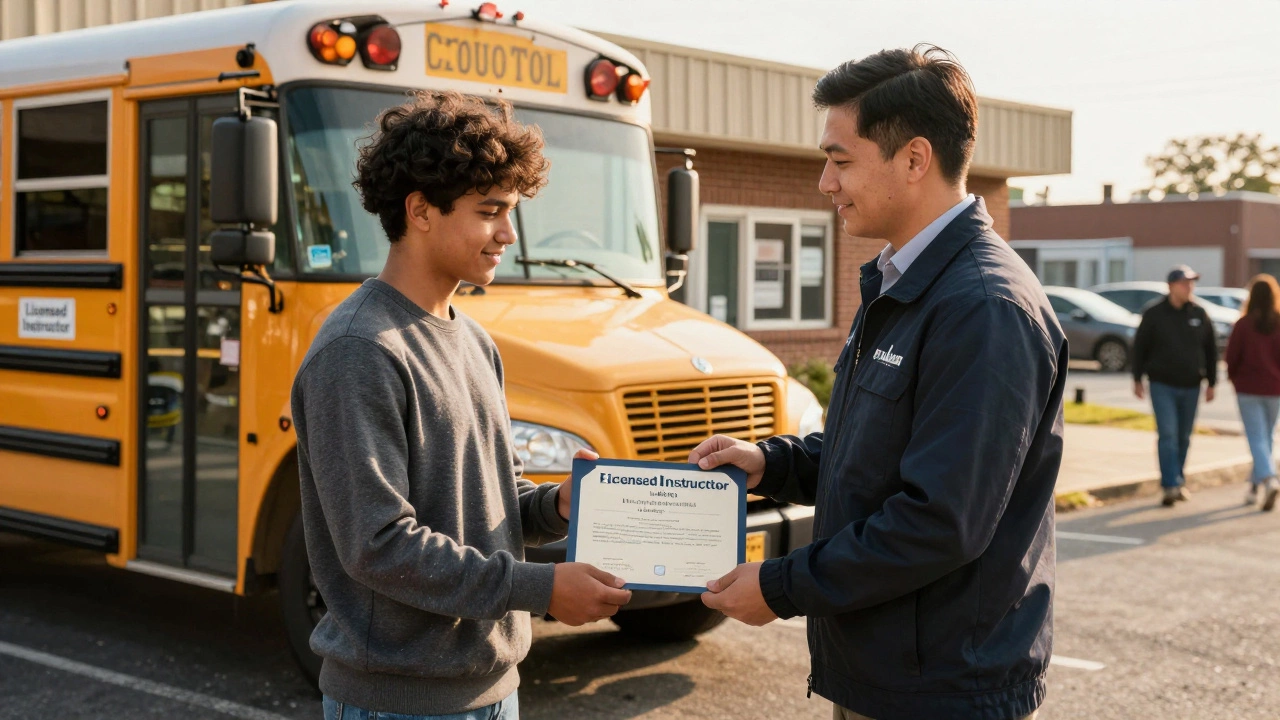 Инструктор вручает студенту официальный сертификат DMV после прохождения курса вождения в Бруклине.