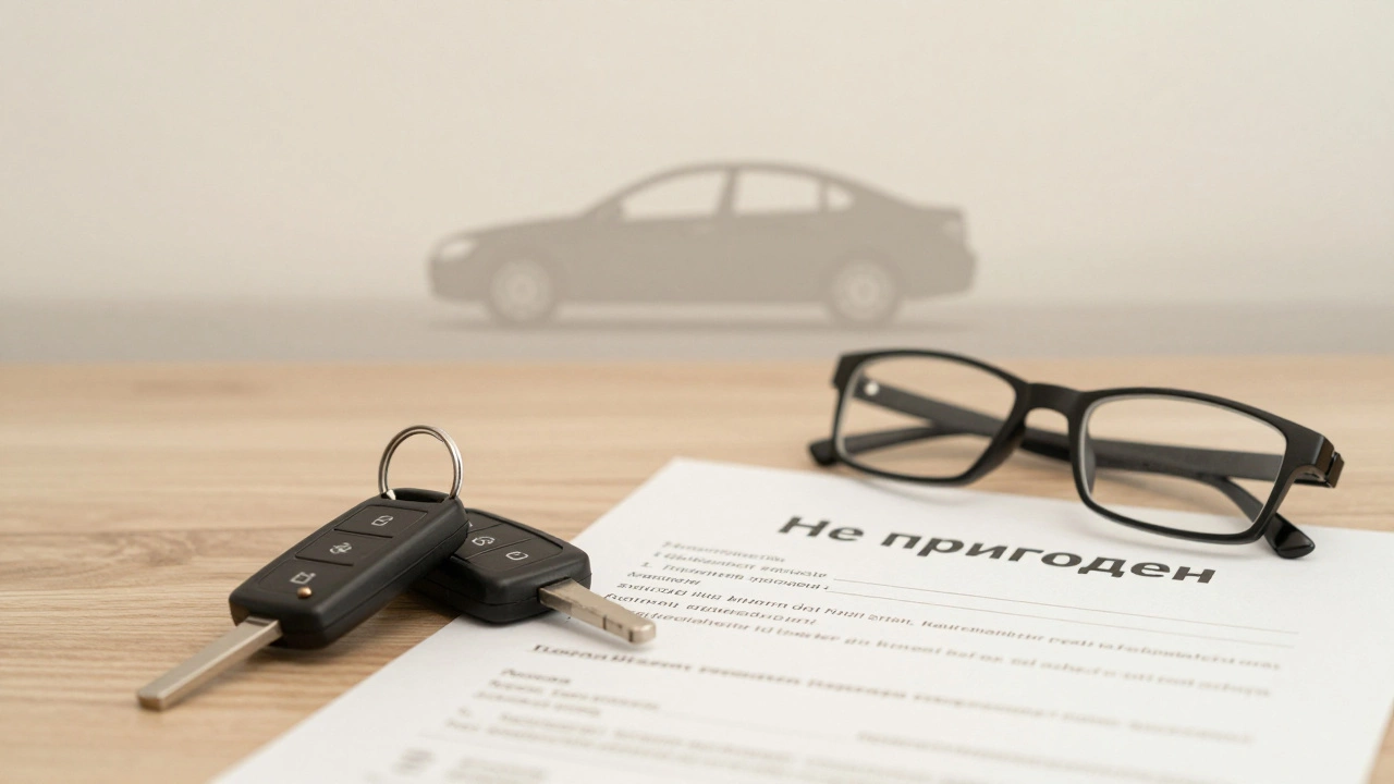 Ключи от машины и очки на столе рядом с медицинским заключением.