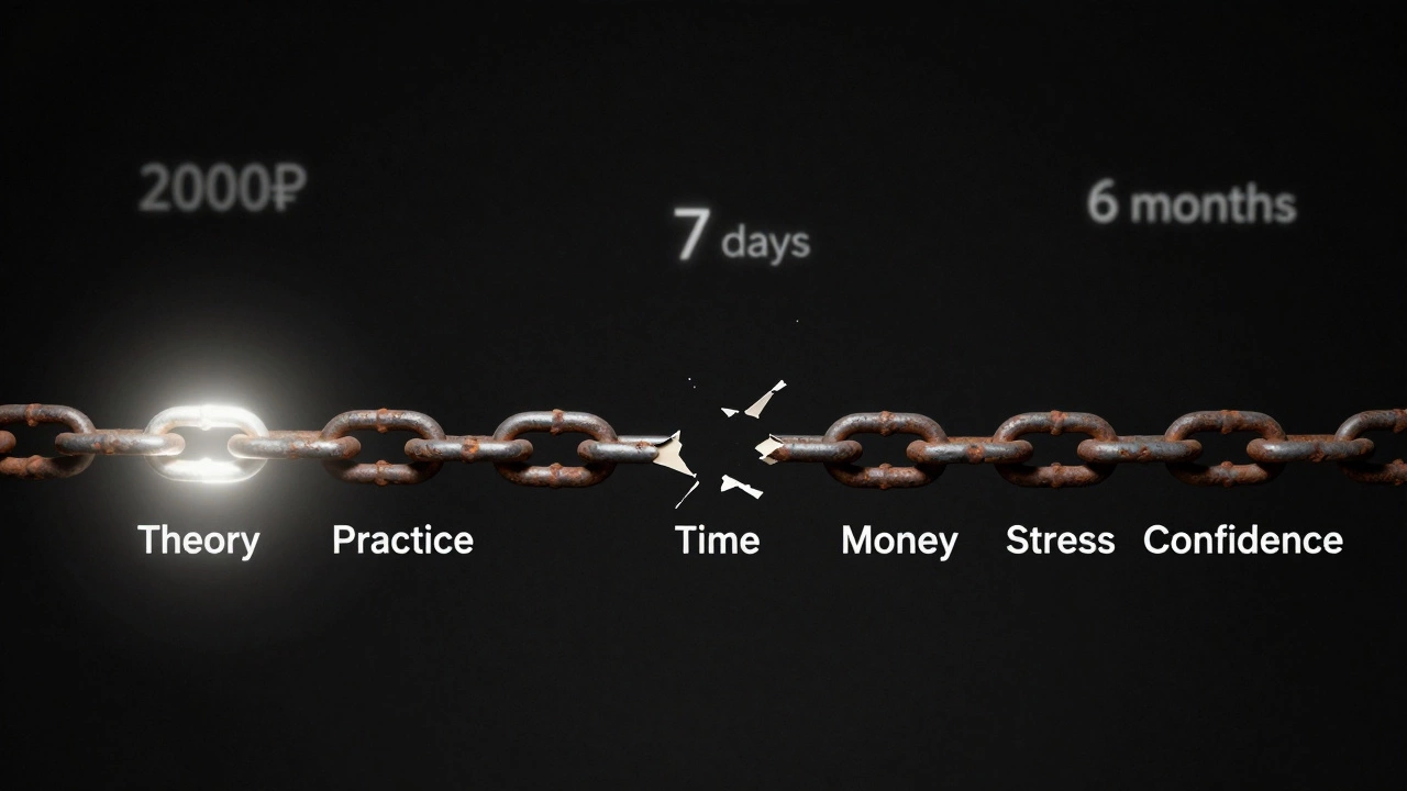 Разорванная цепь с метками: теория, практика, время, деньги, стресс, уверенность.