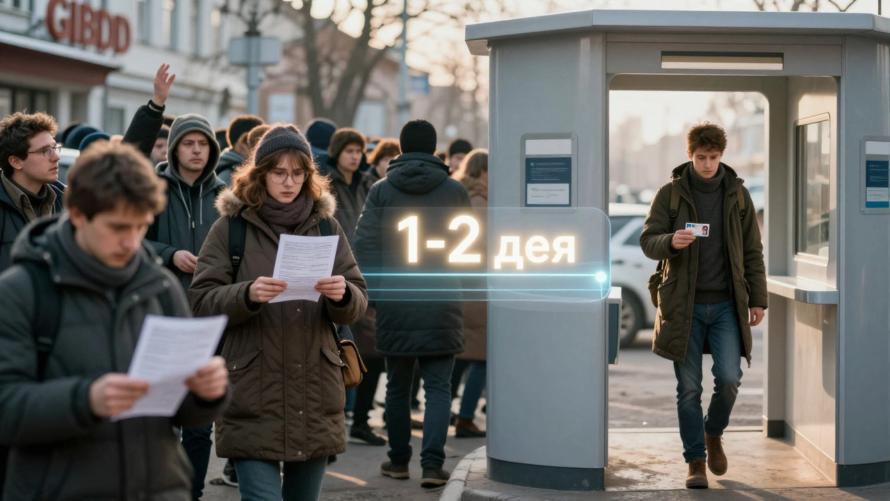 Сравнение старой очереди в ГИБДД и быстрого получения прав через современный сервис.