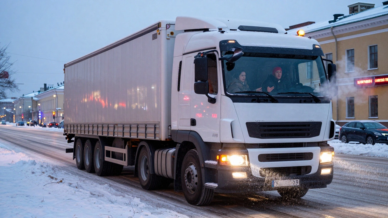 Студент учится вождению грузовика с полуприцепом на заснеженной улице Санкт-Петербурга в сумерках.