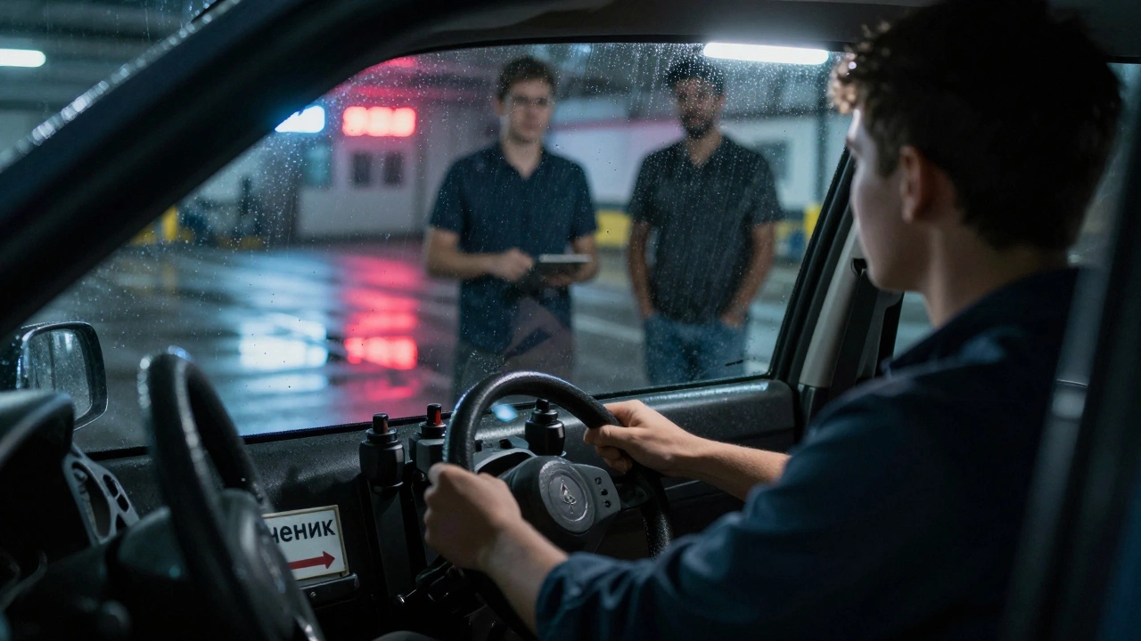 Ученик тренируется на машине с дополнительными педалями в гараже