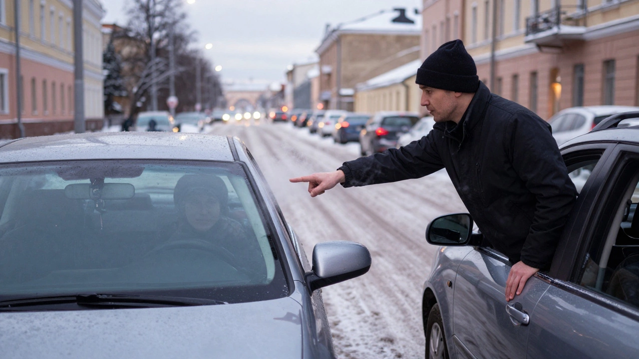 Ученик учится парковке на снегу под наблюдением инструктора в Санкт-Петербурге.