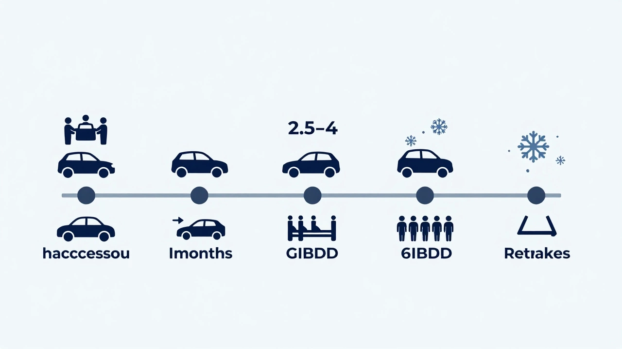 Визуальная линия времени обучения вождению с учетом задержек и пересдач.