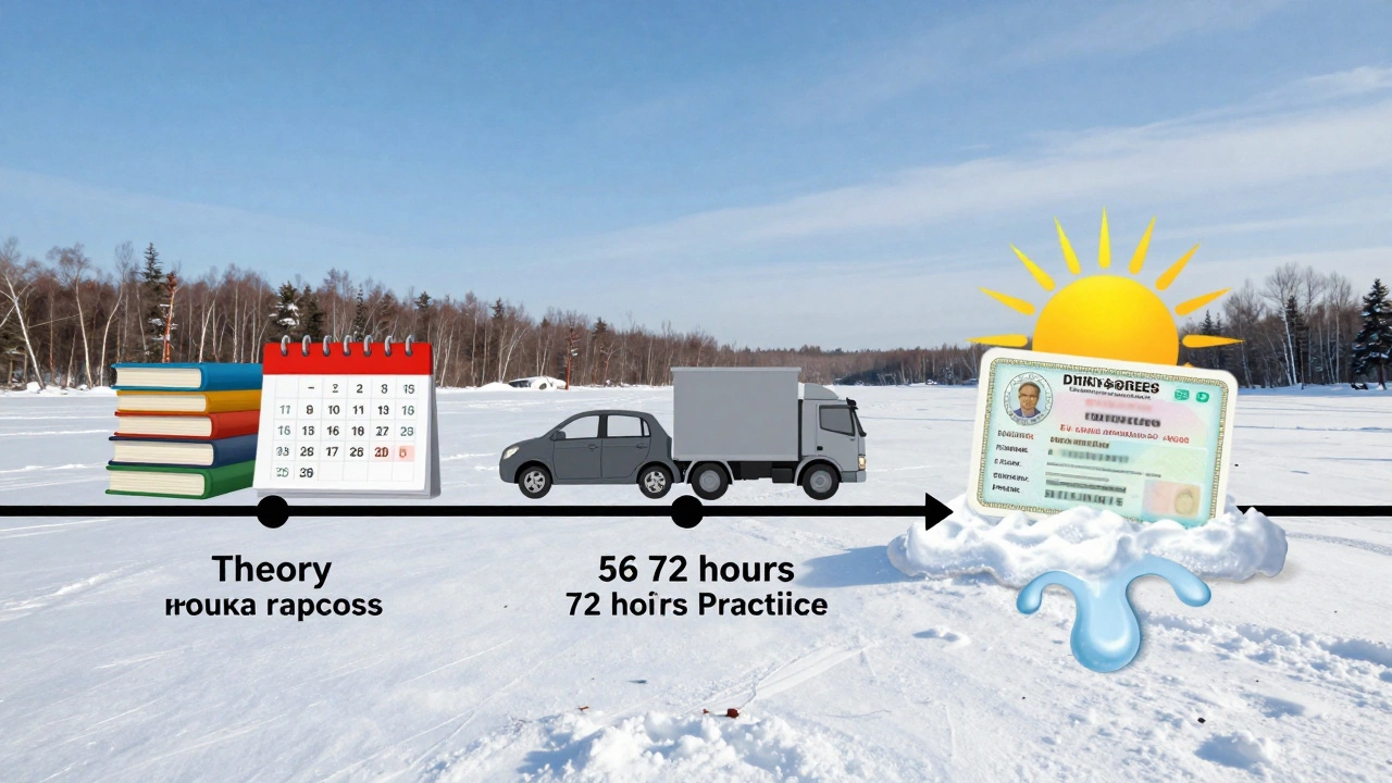 Визуальная временная шкала обучения на категории Б и С, показывающая теорию, практику и получение прав в зимнем пейзаже.