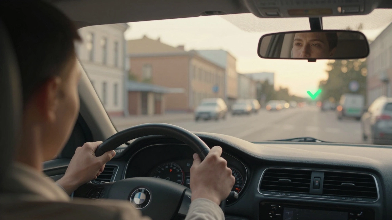 Человек уверенно ведет машину по городу, на приборной панели мягко светится зеленая галочка успеха.