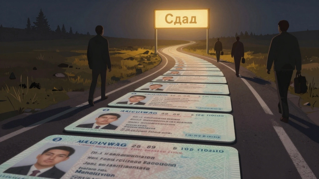 Дорога из бумажек с неудачами ведёт к светящемуся значку 'Сдал', тени других кандидатов идут рядом.