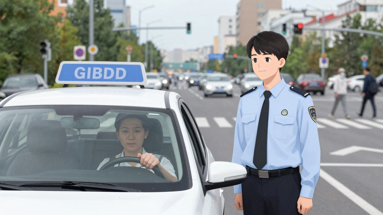 Инспектор ГИБДД оценивает кандидата за рулём в городском движении.
