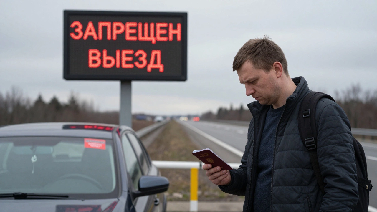 Мужчина на границе с паспортом, на экране — запрет на выезд, машина с арестом.