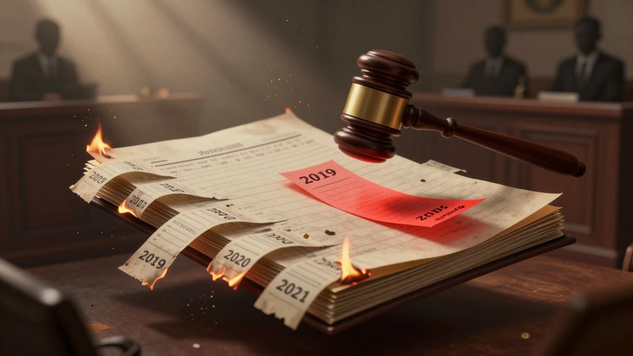 Огромный судебный журнал с горящими квитанциями о штрафах и висящим молотком судьи.