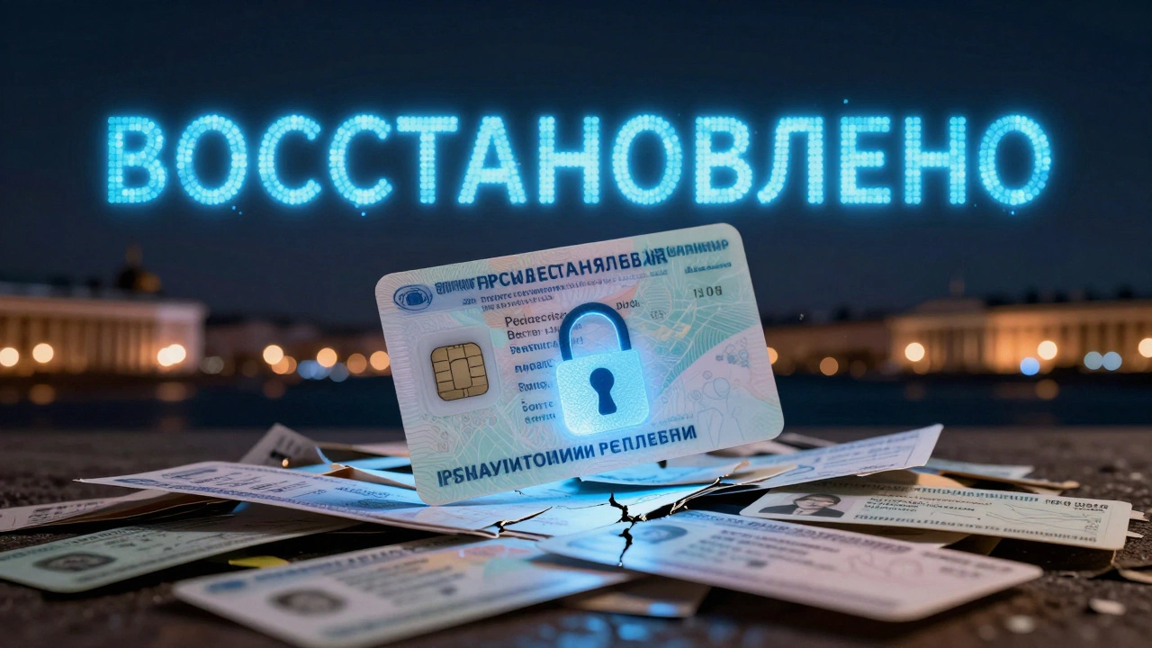 Пластиковое водительское удостоверение с чипом над символами утерянных бумаг и разбитым замком.