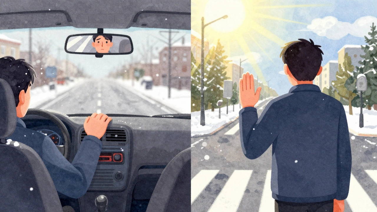 Разделённая сцена: водитель сначала колеблется, потом уверенно останавливается у пешеходного перехода в снегу.