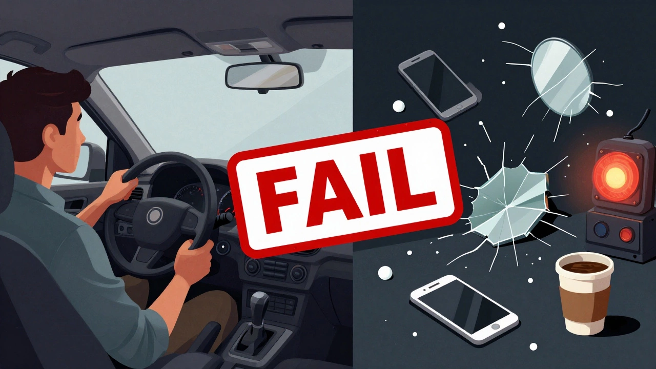 Сравнение правильного и ошибочного вождения: спокойный водитель против панического хаоса с отвлечёнными действиями.