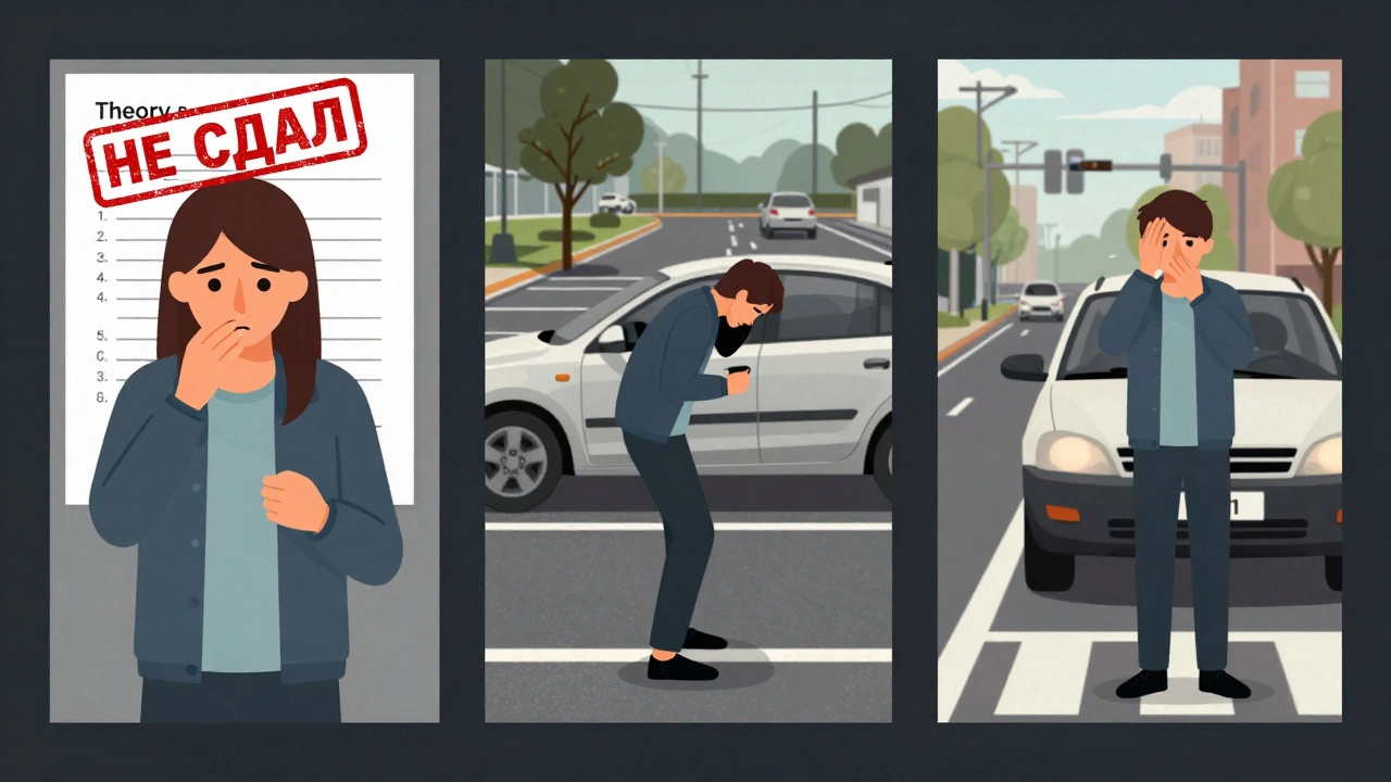 Три сцены неудачной сдачи экзамена: теория, площадка и город — все с красными отметками несдачи.