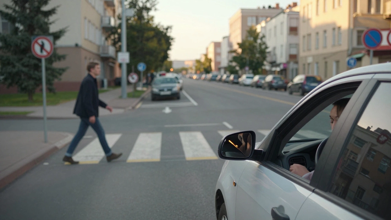 Ученик ведет машину к пешеходному переходу, включенный поворотник, смотрит в зеркало, городской фон.