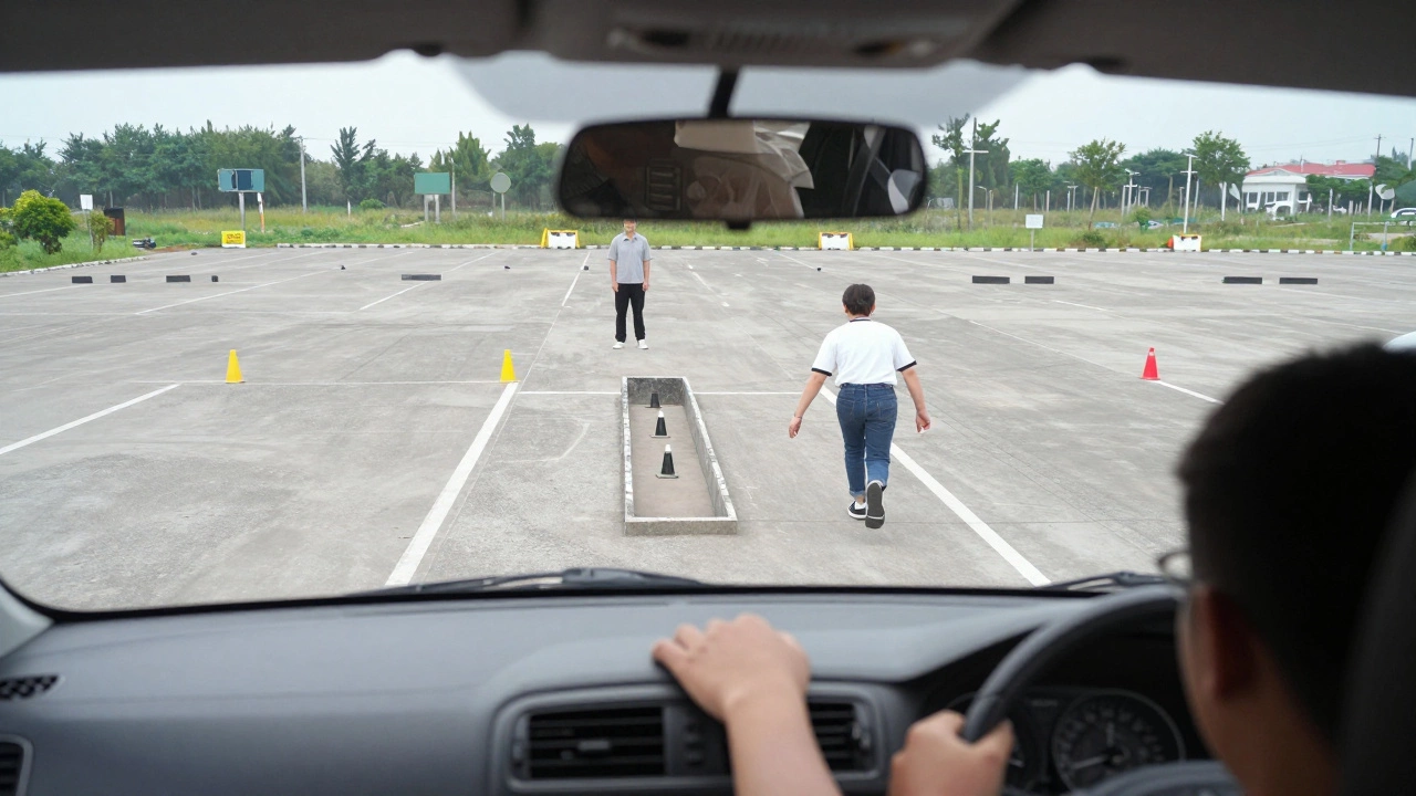 Ученик выполняет парковку задним ходом в узкий бокс на площадке, конусы по бокам, инспектор вдалеке.