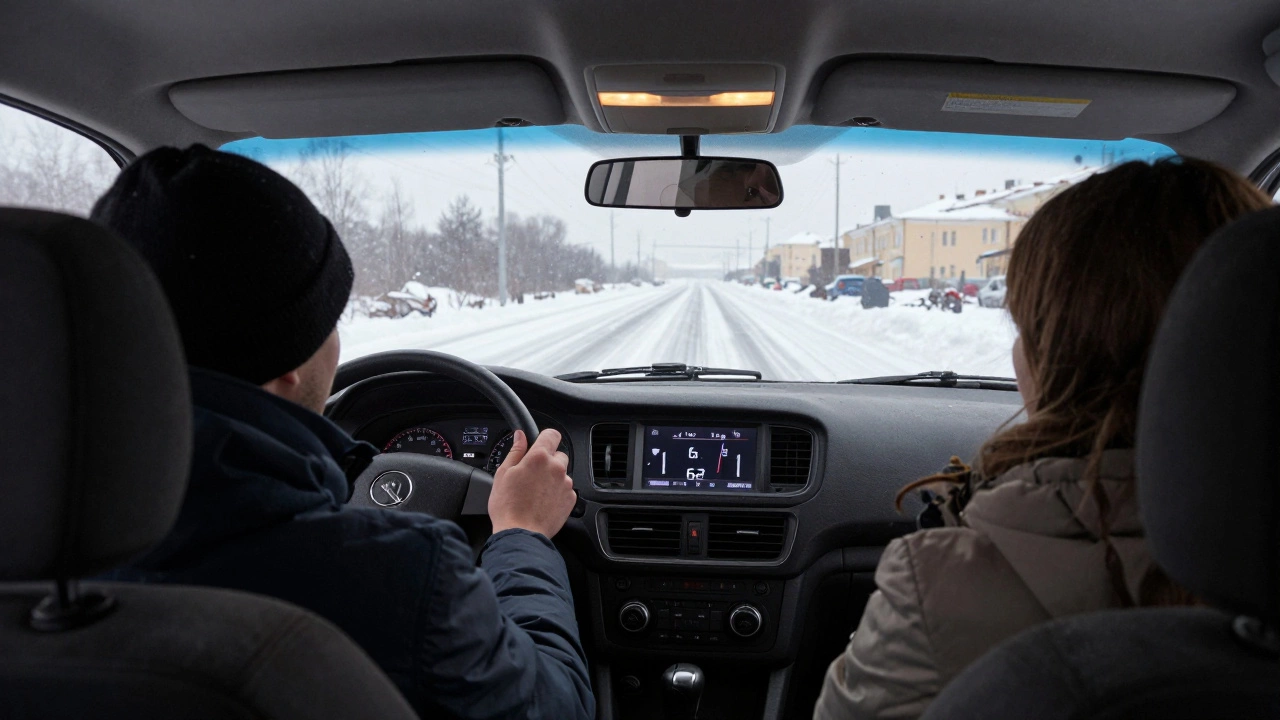 Ученик за рулем машины зимой в Санкт-Петербурге с инструктором на заснеженной дороге.
