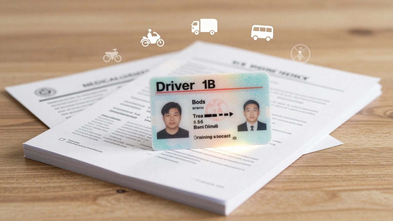 Водительское удостоверение категории В с символами разрешённых и запрещённых транспортных средств.