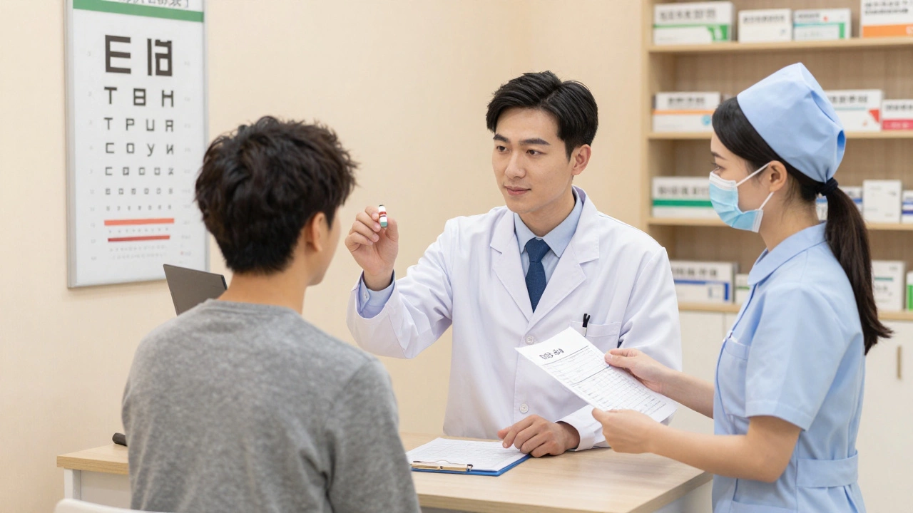 Врач проверяет зрение пациента в медицинском центре для получения справки 003-В/у.